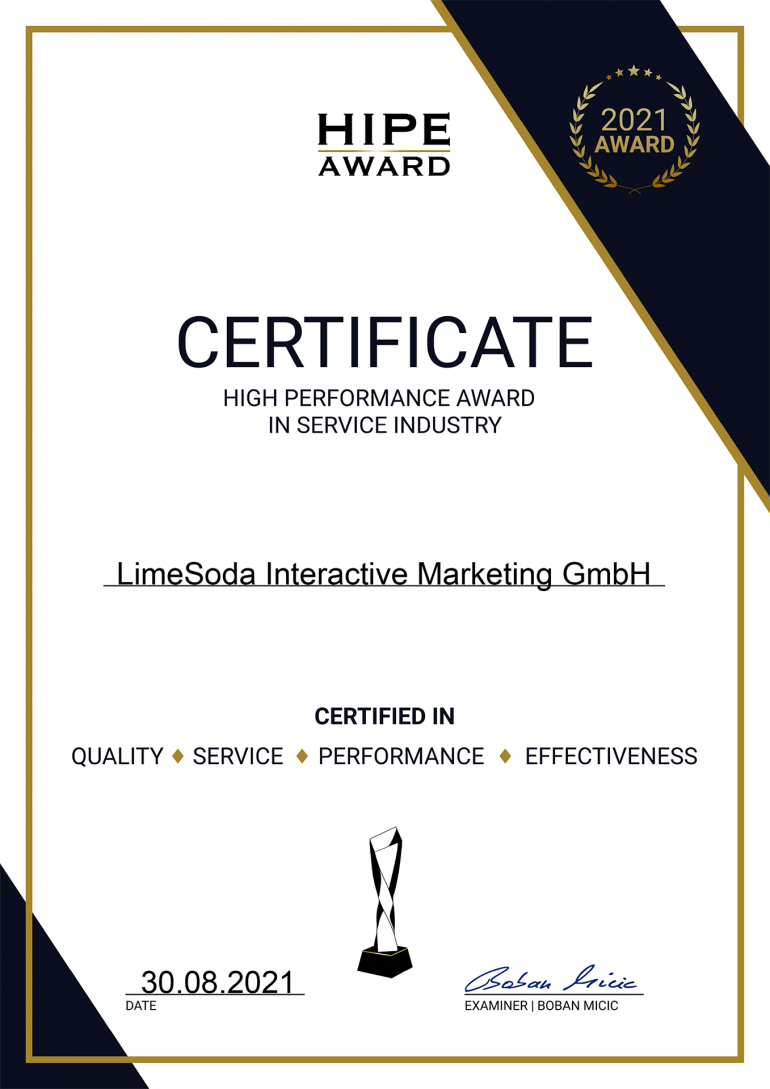 HIPE Award Zerifikat LimeSoda Interactive Marketing GmbH