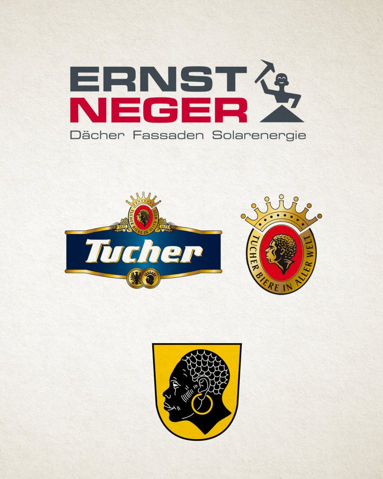 Logos der Marken Ernst Neger, Brauerei Tucher und das Wappen der Stadt Coburg