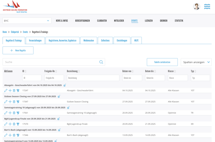 Listenansicht von Clubevents im Backend für Redakteure.