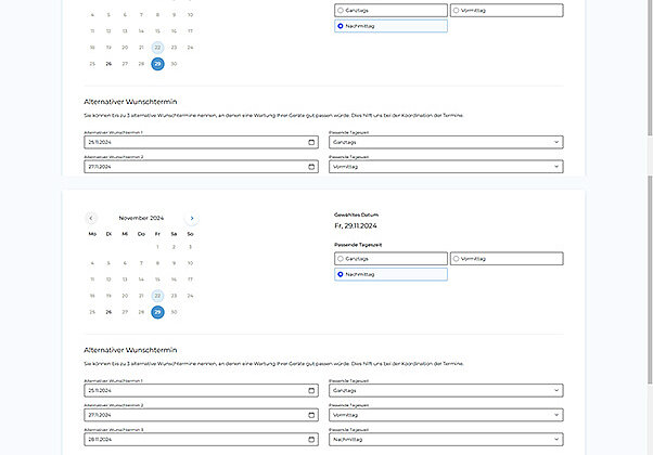 Auswahl von Wunsch- und Alternativterminen zur Gerätewartung.