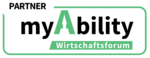 PartnerBadge des myAbility Wirtschaftsforums. Zeigt das myAbility Logo in einer grünen Umrahmung mit dem Schriftzug >Partner<.