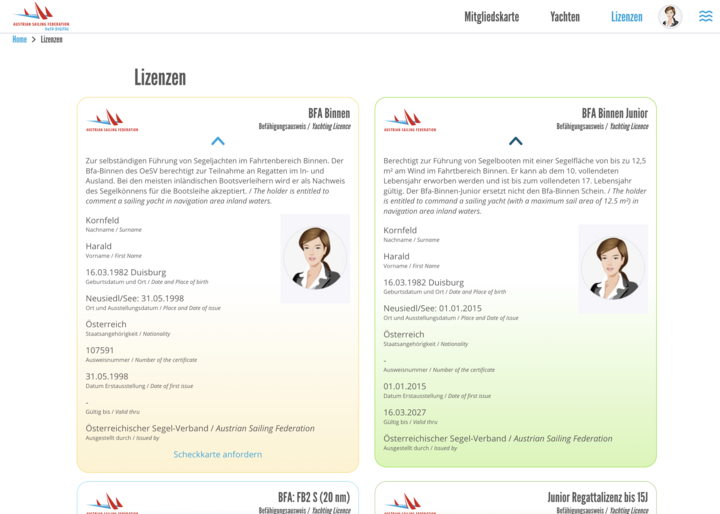Ansicht Führerscheinlizenzen im persönlichen Bereich von OeSV Digital.
