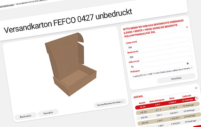 Screen-Detail Produktdetailseite Versandkarton FEFCO 0427 unbedruckt.