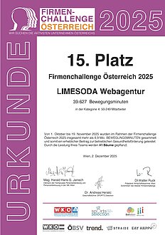 Urkunde Firmenchallenge 2025: 15. Platz für LIMESODA.