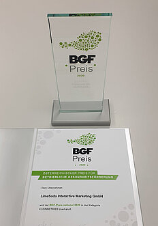 Trophäe und Urkunde BGF-Preis national 2020