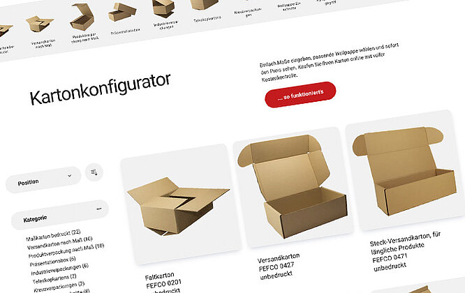 Screen-Detail Kartonfigurator: Produktraster mit unterschiedlich visualisierten FEFCO-Codes als Ausgangsbasis.
