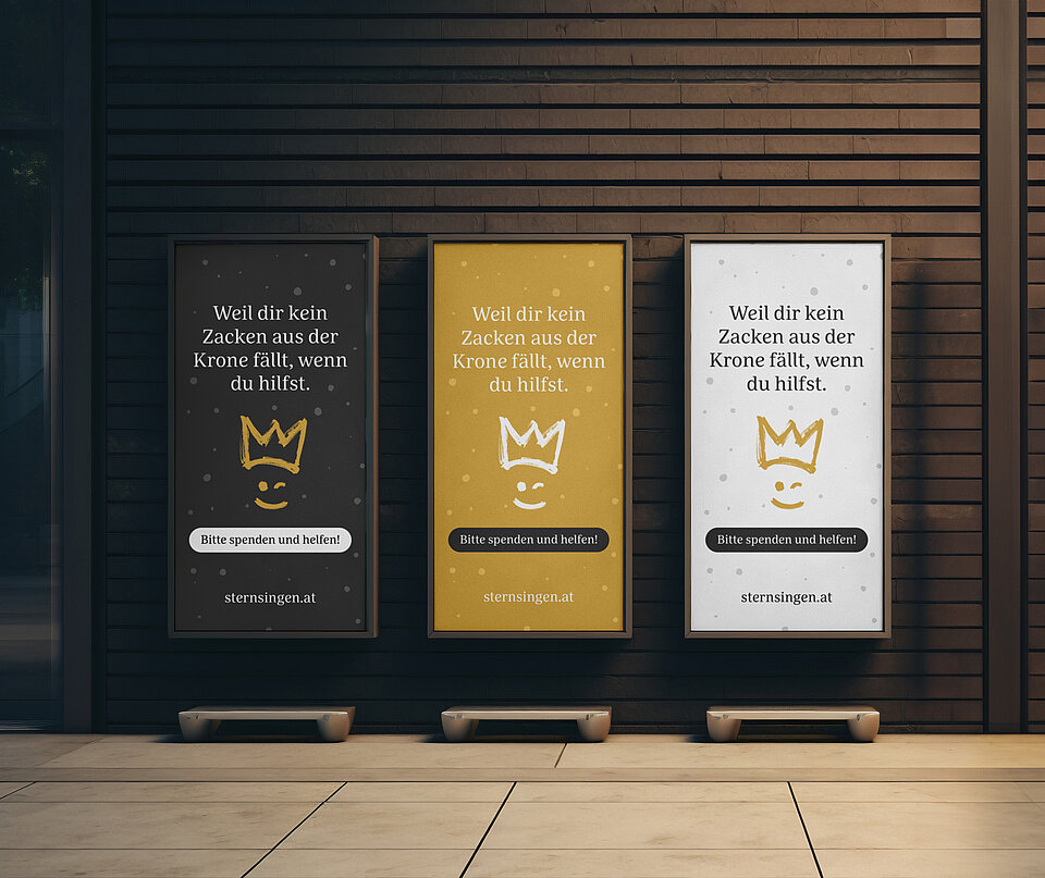 Mockup mit drei Sujets: Weil dir kein Zacken aus der Krone fällt, wenn du hilfst.