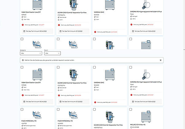 Auswahl der zu wartenden Geräte mit Anzeie der überfälligen Termine.