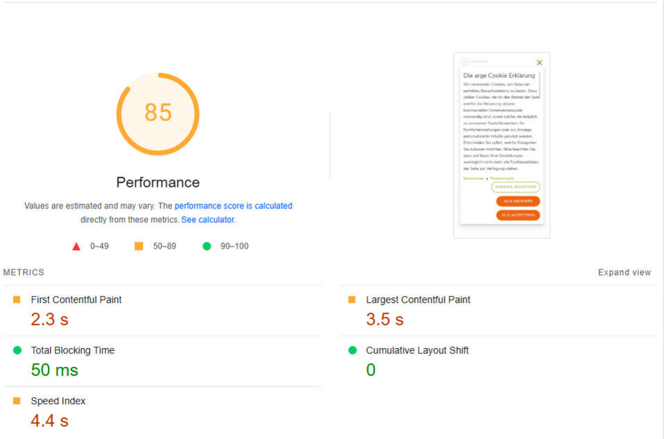 Core Web Vitals Labordaten in Pagespeed Insights Core Web Vitals Labordaten in Pagespeed Insights