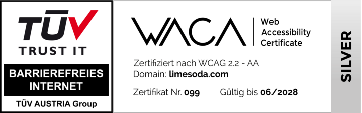 Zertifikat Barrierefreiheit TÜV und WACA Silber für www.limesoda.com