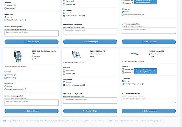 Auswahl von Wartung oder Reparatur sowie der Dringlichkeit der zu wartenden Geräten.