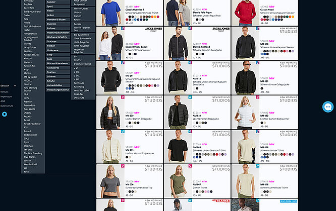 Desktopansicht der Produktauswahl mit Facettensuche und Kacheldarstelluing der gefundenen Produkte.
