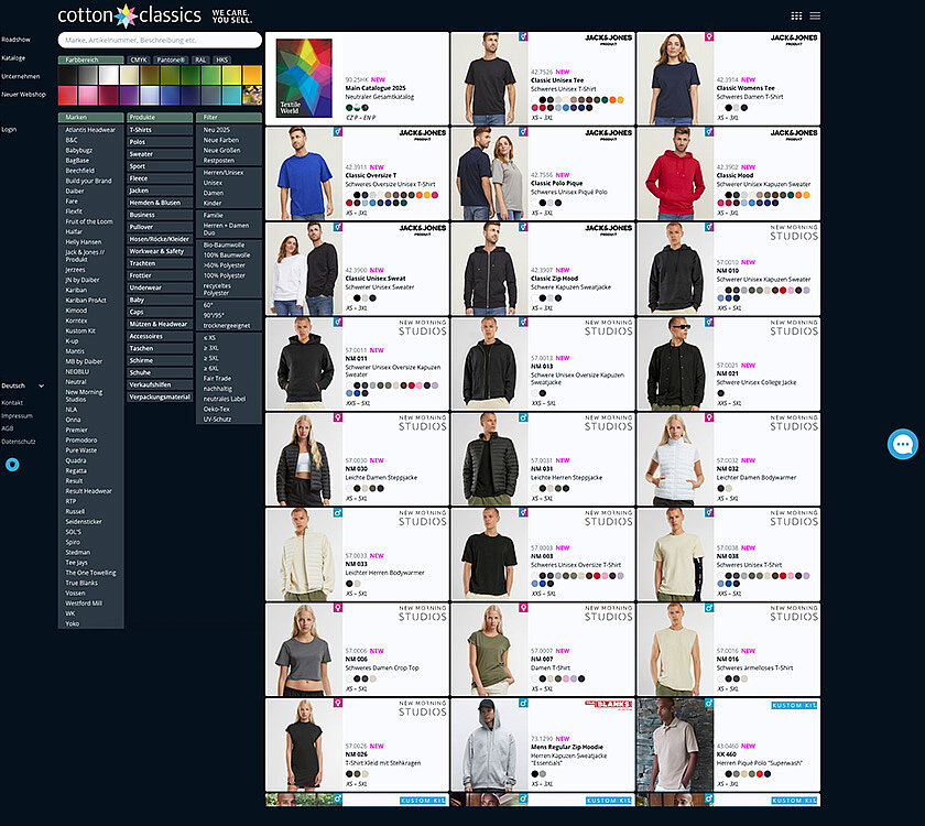 Desktopansicht der Produktauswahl mit Facettensuche und Kacheldarstelluing der gefundenen Produkte.