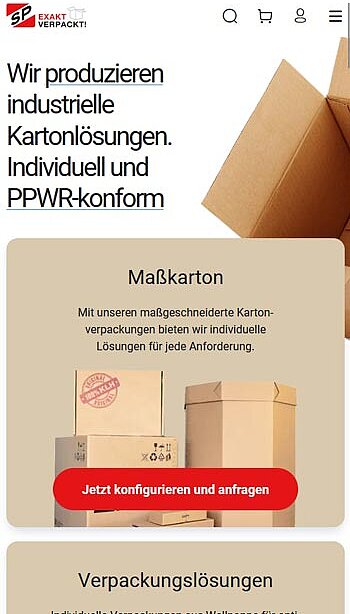 Mobile Ansicht Startseite mit Claim: Wir produzieren industrielle Kartonlösungen, individuell und nachhaltig.