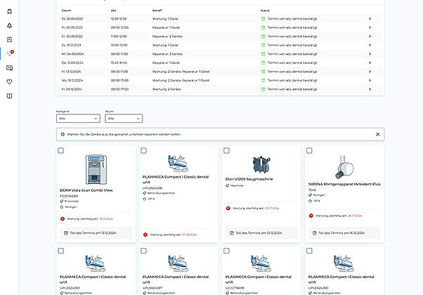 Dashboard "Meine Geräte" mit bevorstehenden Serviceterminen.