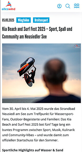 Mobilansicht der News-Plattform Alles Wind. Zu sehen ist der sprung eines Wingfoilers.