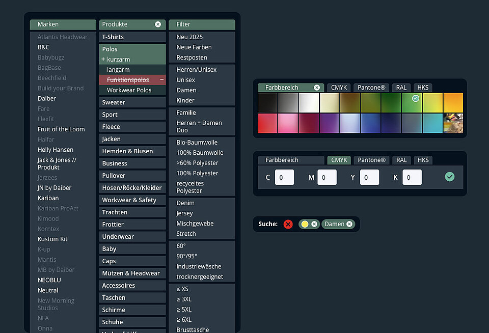 Der Produktfinder mit kombinierbaren Filterkombinationen und Farbwahl, die über alle Marken hinweg funktioniert.