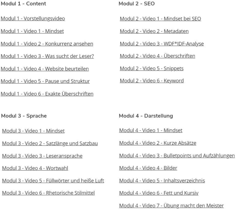 Inhalte des Kurses "Easy Content schreiben" von Modul 1 - 4