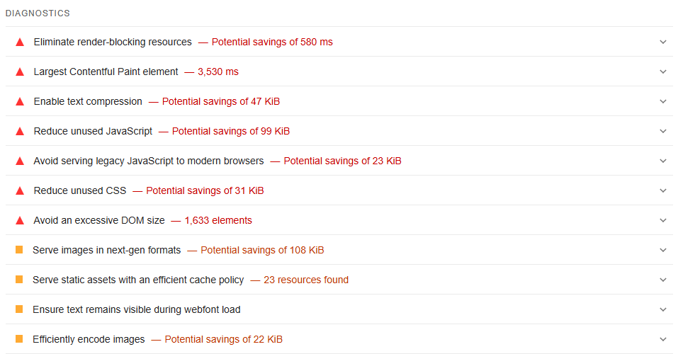 Empfehlungen zu Core Web Vitals in Pagespeed Insights